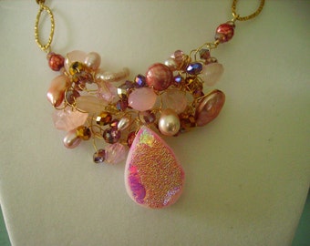 Pink Druzy Gemstone Pearl Swarovski Cluster GoldFilled Necklace Stunning