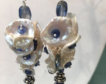 Kyanite Keishi Pearl Chandelier Sterling Silver Earrings Stunning