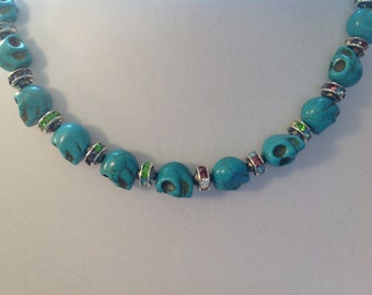 Skull Turquoise and Crystals Sterling Silver Necklace