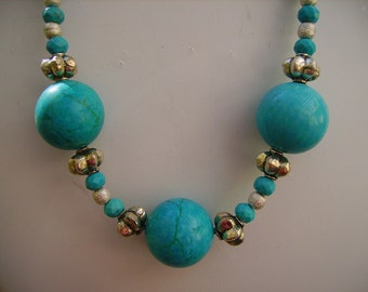 Turquoise Large Ball Chunky Sterling Silver Necklace Lovely