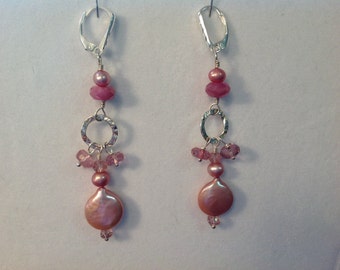 Rose Pink Coin Pearl Topaz, Ruby Sterling Silver Earrings