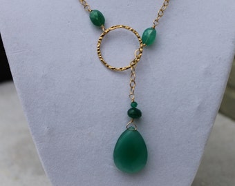 Green Onyx Faceted Large Drop Gold Filled Lariat Lovely