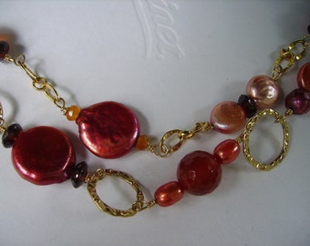 Garnet Carnelian Pearl Gold Filled 2 Strand Bracelet