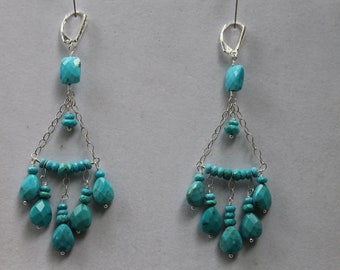 Turquoise Faceted Chandelier Sterling Silver Earrings Stunning