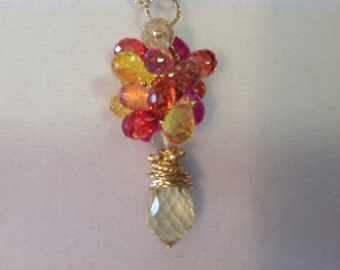 Yellow Quartz, PinkTopaz, Citrine  Goldfilled Cluster Necklace