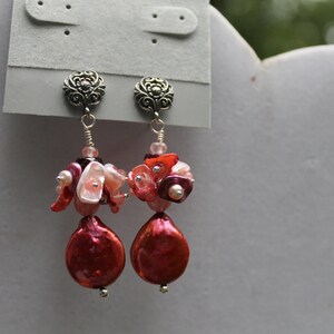 Coral Peach Coin Pearl Drop Keishi Pearl Cluster Sterling Silver Earrings