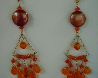Carnelian and Coin Pearl Chandelier Gold Filled Earrings Stunning