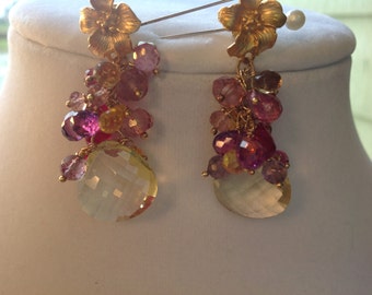 Lemon Quartz Topaz Cluster Gold Filled Drop Earrings Lovely