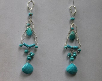 Turquoise Faceted Chandelier Sterling Silver Earrings Stunning