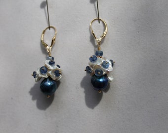 Baroque Flameball Pearl Cobalt Blue Kyanite  Keishi Pearl Drop Gold Filled Leverback Dangle Earrings