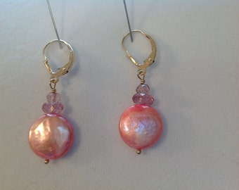 Peach Coin Pearl Pink Topaz Gold Filled Drop Earrings Lovely