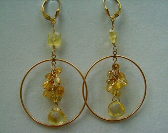 Citrine Faceted Cluster Gold Filled Hoop Earrings