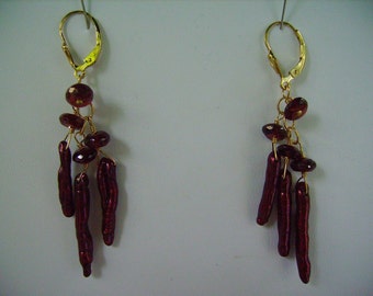 Garnet and Red Stick Pearl Gold Filled Leverback  Dangle Earrings