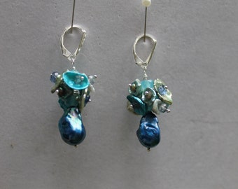 Cobalt Blue Flameball Baroque Pearl Drop Keishi Pearl Cluster Sterling Silver Earrings