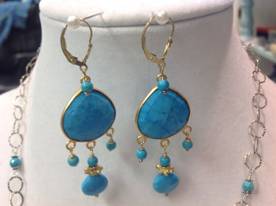 Turquoise Chandelier Earrings Gold, Teal Gold Chandelier Earrings
