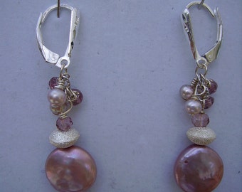 Pink Coin Pearl Pink Topaz Sterling Silver Drop Earrings Lovely