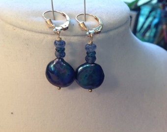 Cobalt Blue Coin Pearl Kyanite Apatite Gold Filled Drop Earrings Lovely