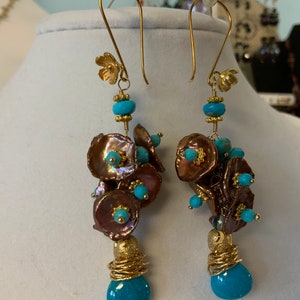 Turquoise Keishi Pearl Cluster Gold Filled Drop Earrings Lovely image 2