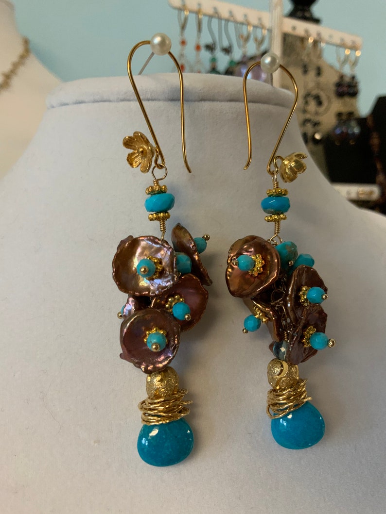 Turquoise Keishi Pearl Cluster Gold Filled Drop Earrings Lovely image 2