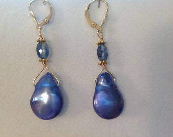 Blue Coin Pearl Kyanite Gold Filled Drop Earrings Lovely