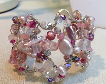 Sterling Silver Cuff Pink Pearls Ruby Pink Topaz Jeweled Bracelet and Necklace Stunning