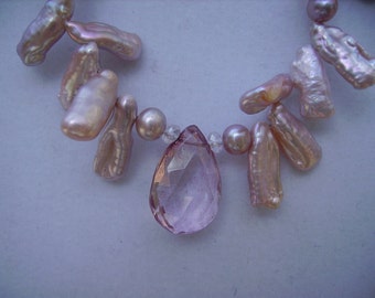 Pink Topaz Pink Keishi Petal Pearl Crystal Sterling Silver Necklace Lovely