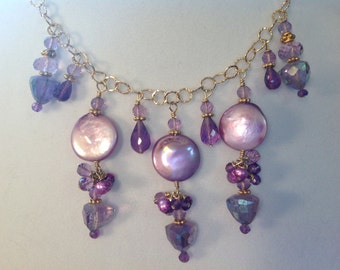 Amethyst Purple Coin Pearls Necklace Gold Filled Lovely