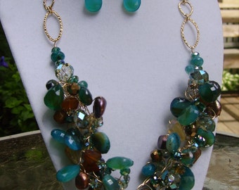 Teal Chalcedony Whiskey Quartz Pearl Cluster GoldFilled Necklace Earrings Set Stunning