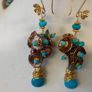 Turquoise Keishi Pearl Cluster Gold Filled Drop Earrings Lovely image 4