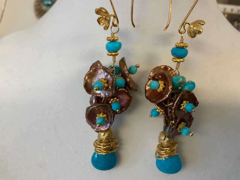 Turquoise Keishi Pearl Cluster Gold Filled Drop Earrings Lovely image 4