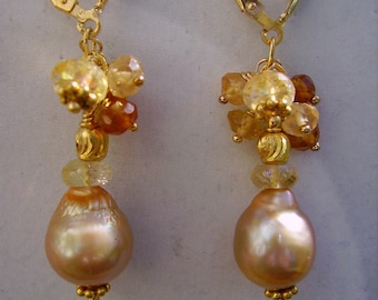 Baroque Flameball Pearl Creamy Gold Citrine Drop Gold Filled Leverback Dangle Earrings