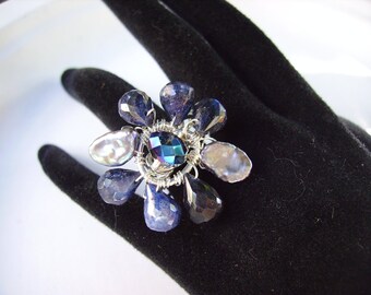 Spectrolite, Peacock Keishi Pearl, Crystals Sterling Silver Flower Ring