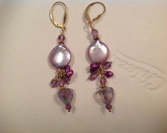 Amethyst Coin Pearl Trillion Drop Gold Filled Leverback Dangle Earrings