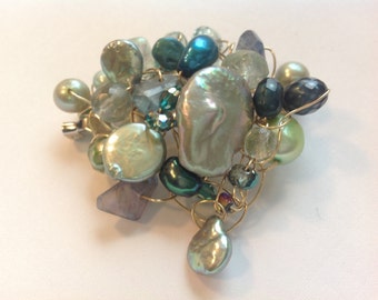 Pale Green Baroque Coin Pearl Fluorite Jeweled Crystal Freeform Pin