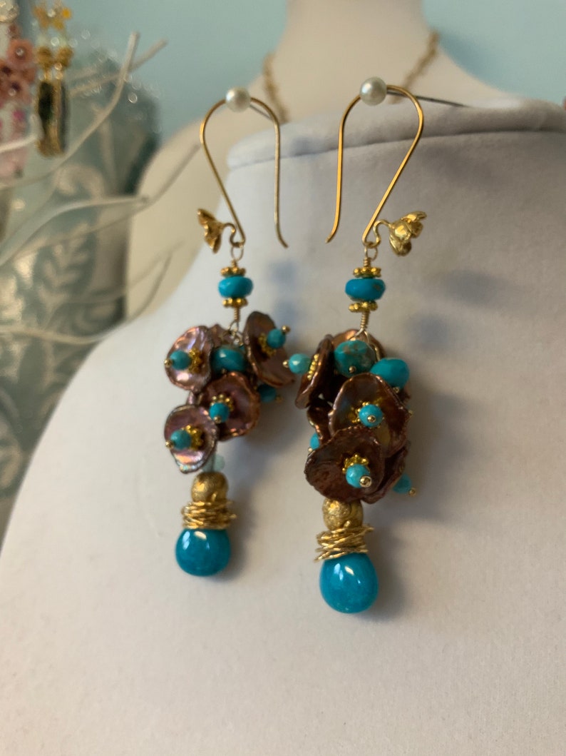 Turquoise Keishi Pearl Cluster Gold Filled Drop Earrings Lovely image 3