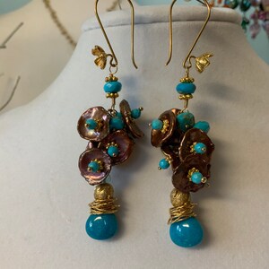 Turquoise Keishi Pearl Cluster Gold Filled Drop Earrings Lovely image 1