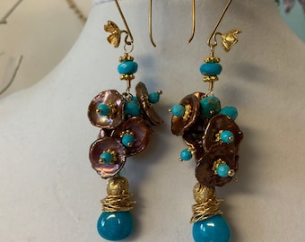 Turquoise Keishi Pearl Cluster Gold Filled Drop Earrings Lovely