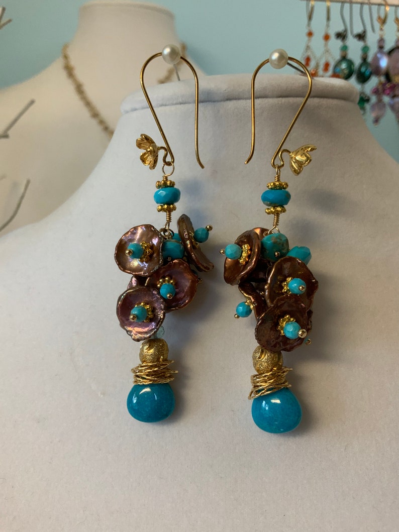 Turquoise Keishi Pearl Cluster Gold Filled Drop Earrings Lovely image 1