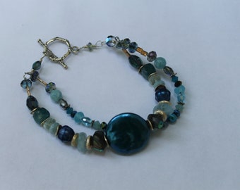 Baroque Turquoise Coin Pearl Aquamarine Sterling Silver Bracelet