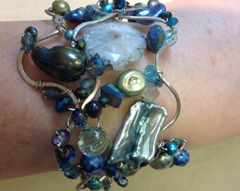 Sterling Silver Cuff Jeweled Bracelet Pearls, Fluorite, Aquamarine , Keishi pearls