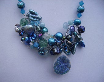 Aqua Druzy Pearl Fluorite Sterling Cluster Necklace Stunnning
