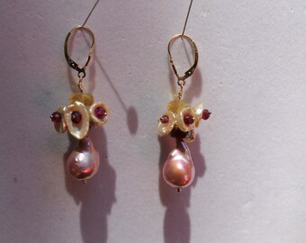 Baroque Pink Pearl Keishi Pearl Cluster Gold Filled Drop Earrings Lovely