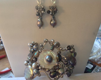 Sterling Silver Cuff Jeweled Bracelet Grey Pearls Labradorite