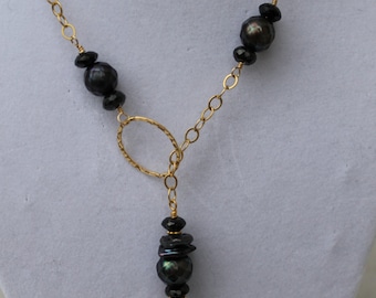 Black Flameball Pearl Onyx Drop Gold Filled Lariat Lovely