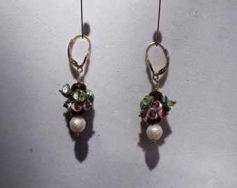 Faceted White Pearl Ruby Keishi Pearl Cluster Gold Filled Drop Earrings Lovely