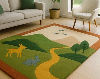 Meadow Trail Wildlife Hand Tufted Wool Rug, Green Earthy Nature Inspired Area Rug