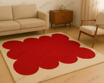 Hand Tufted wool rug Red Flower Rug, Modern Floral, Scandinavian Style Rug