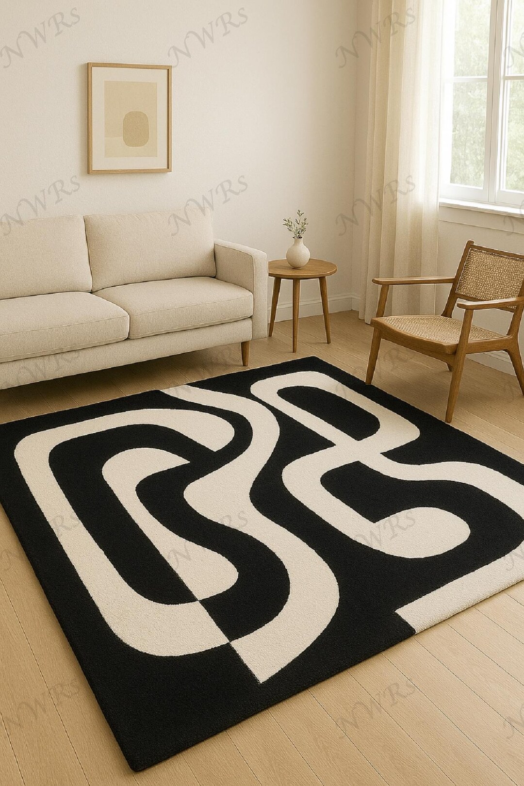 Monochrome Patterned Rug Hand Tufted Wool Rug, Monochrome Flowline Abstract, Black and White ...