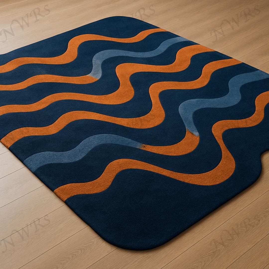Blue Wavy Pattern Rug Hand Tufted Wool Rug, Abstract Wave Pattern Rug, Navy Blue Orange Area ...