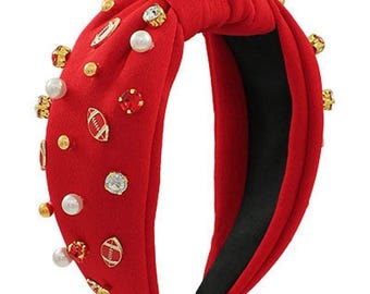 Red Game Day Top Knotted Jeweled Beaded Headband Football Cheerleader Headband / Knot Twist Top / Game Day  main image 4